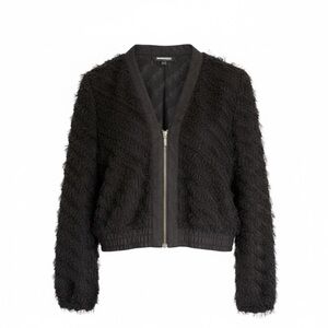 Attitude Jay Manuel Shaggy Eyelash Fringe Black Zip Up Bomber Jacket Size 8